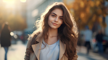 Portrait of a beautiful young woman with long curly hair on the background of the cityの素材
