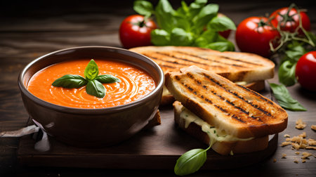 Tomato soup with cream and basil on a wooden background. Selective focus.の素材