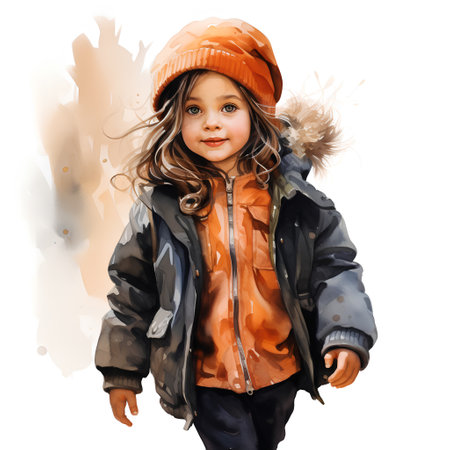 Portrait of a cute little girl in an orange hat and jacket.の素材