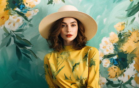 Beautiful young woman in a hat and a yellow dress on a floral backgroundの素材