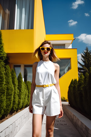 Outdoor fashion portrait of beautiful young woman wearing white short dress and sunglasses.の素材