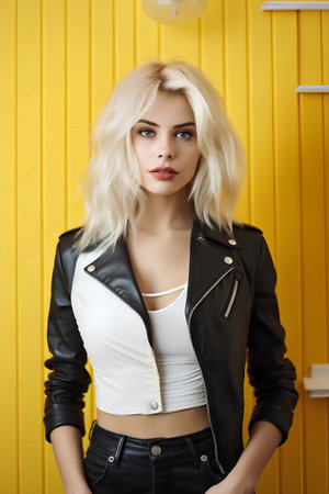 Fashion portrait of young beautiful blonde woman in black leather jacket.の素材