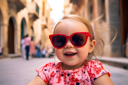 Adorable little girl in red sunglasses on the streets of Venice, Italyの素材