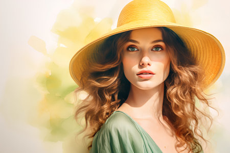 Beautiful young woman in hat on colorful background. Spring fashion.の素材