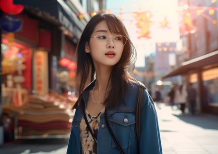 Beautiful asian woman walking in the street. Portrait of young beautiful asian girl.の素材