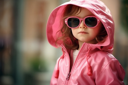 portrait of a little girl in a pink raincoat and sunglassesの素材