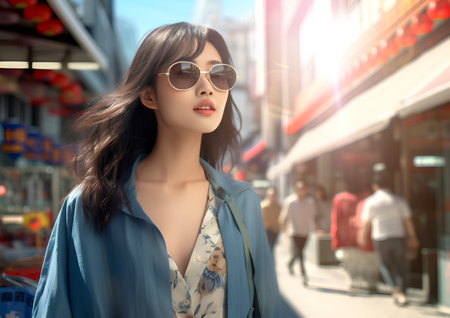 Beautiful asian woman walking in the city. 3D renderingの素材