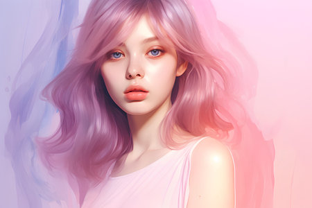 Beautiful girl with pink hair and blue eyes. 3d renderingの素材