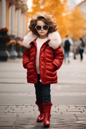 Portrait of a cute little girl in a red coat and sunglassesの素材