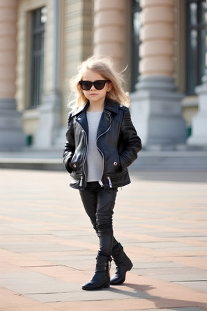Portrait of a beautiful fashionable blonde girl in black leather jacket and sunglassesの素材