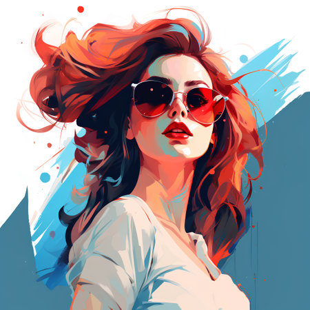 Beautiful young woman with red hair and sunglasses. Vector illustration.の素材