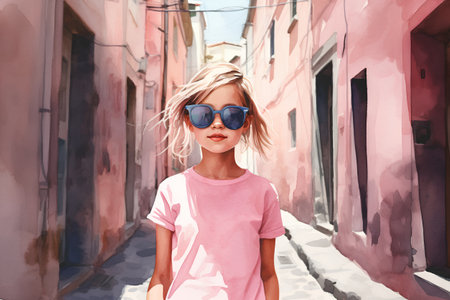 Portrait of a girl in sunglasses on the street of the old city.の素材