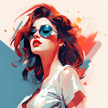 Portrait of a beautiful woman with red hair in sunglasses. Vector illustration.の素材
