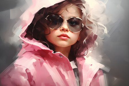Portrait of beautiful young woman in pink raincoat and sunglasses.の素材