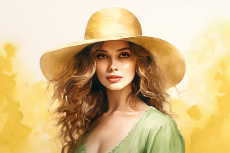 Portrait of a beautiful young woman in a straw hat. Summer style.の素材