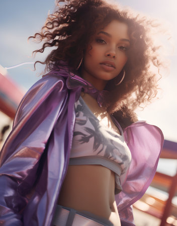 fashion outdoor photo of beautiful sensual woman with dark curly hair in elegant clothes and accessories posing in summer cityの素材