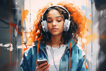 young pretty afro american woman with mobile phone and headphones listening to musicの素材