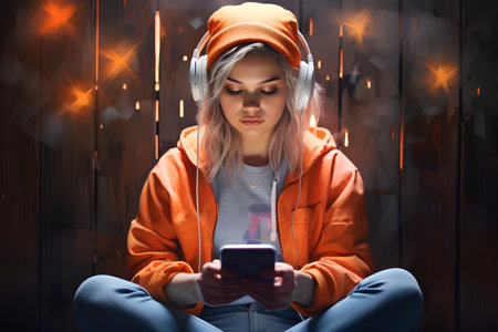 Young woman listening to music with headphones and mobile phone sitting on the floorの素材