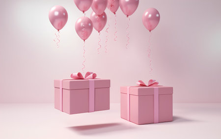 Two pink gift boxes with pink ribbons and balloons. 3D Renderの素材