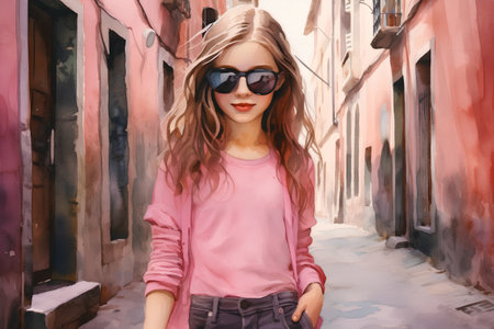 Fashion portrait of a beautiful girl in sunglasses on the background of the street of the old city.の素材