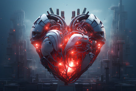 Human heart with glowing lights on the background of the city. 3d renderingの素材