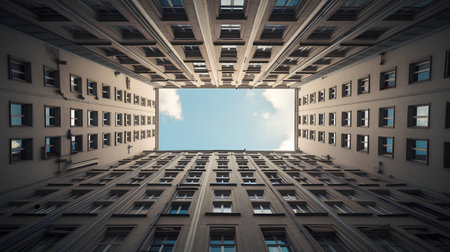 Looking up to the sky through the windows of a high-rise buildingの素材