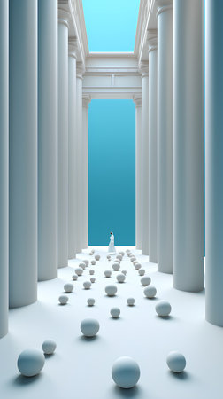 3d render of a white man standing in the middle of the pillarsの素材