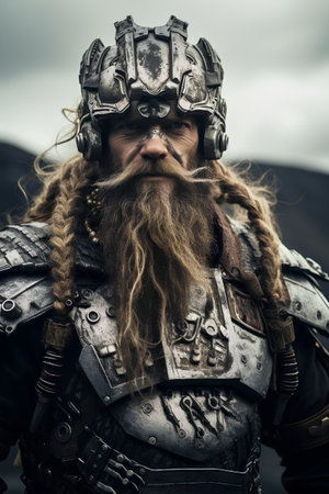 Portrait of a bearded man in a helmet and armor on a background of the skyの素材