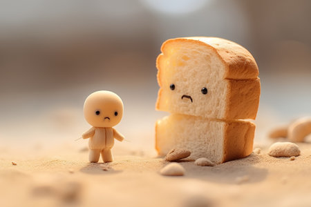 Miniature people with bread character on sand. Conceptual image for food and breakfastの素材