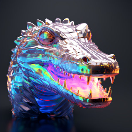 3d rendering of a fantasy dragon on a black background with reflectionの素材