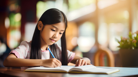 Cute little Asian girl doing homework at home. Education concept.の素材