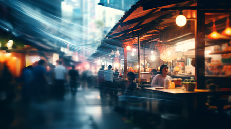 Blurred image of people walking in the street at night in Hong Kong.の素材