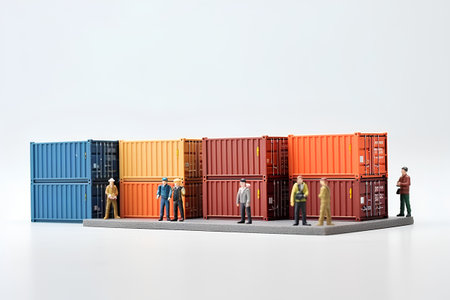 3d rendering of a group of people standing in front of a containerの素材