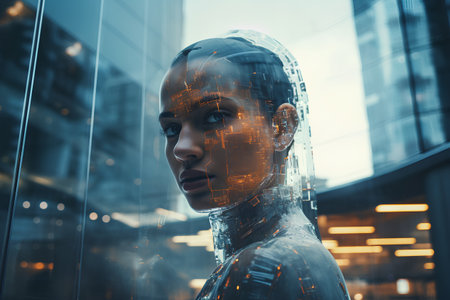 Double exposure of futuristic woman face and cyber world concept. 3d renderingの素材