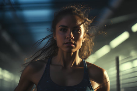 Athletic young woman running in the city at night.の素材