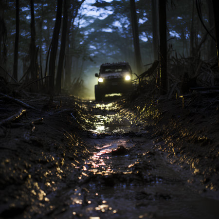 Off-road vehicle driving through wet forest at night. Selective focusの素材