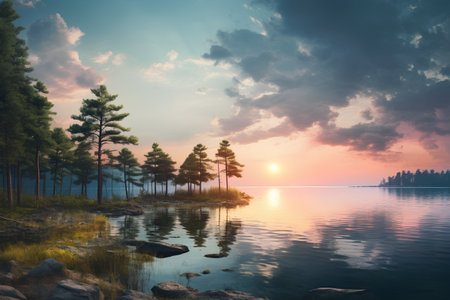 Pine trees on the shore of lake at sunset. Beautiful landscape.の素材
