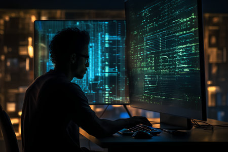 Silhouette of hacker in front of a computer screen with binary codeの素材