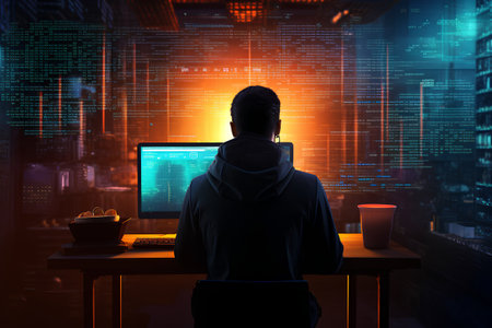 Back view of hacker in hoodie sitting at table with laptop and coffee cup in night city. Hacking concept. Double exposureの素材
