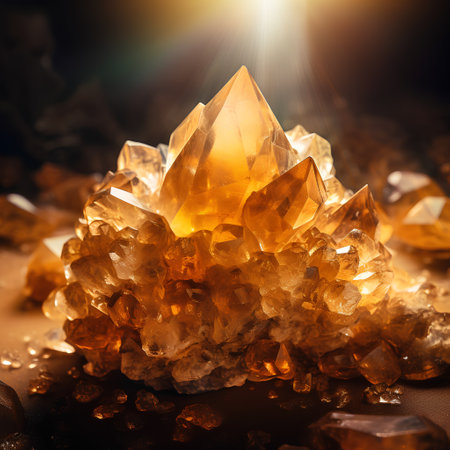 Close-up of a crystal of yellow quartz on a black backgroundの素材