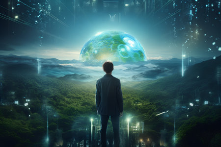 Rear view of businessman looking at Earth planet. Elements of this image are furnished by NASAの素材