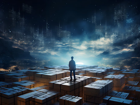 Conceptual image of businessman standing on cube among flying cubes with binary codeの素材