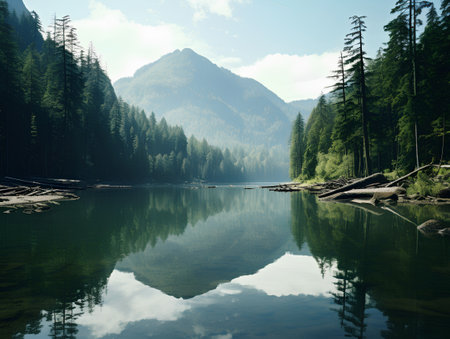 Mountain lake with coniferous forest and reflection in water.の素材