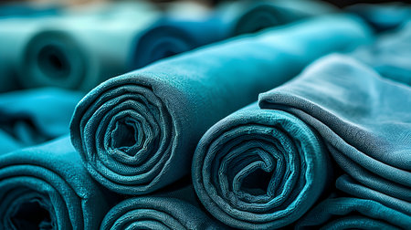 Rolls of blue fabric in the market. Selective focus. Toned.の素材