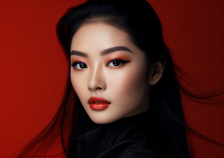 Fashion portrait of beautiful asian woman with red lips and long hair.の素材