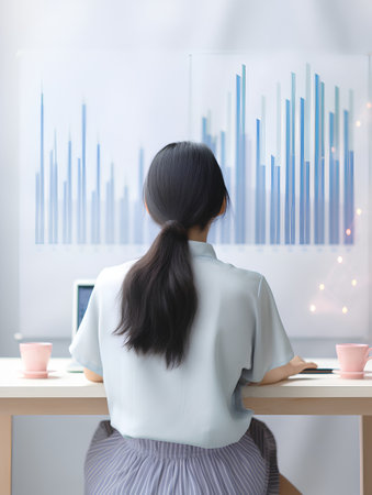 Back view of businesswoman sitting at workplace in office and looking at financial chartの素材