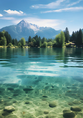 Idyllic alpine lake with crystal clear water and mountains in backgroundの素材