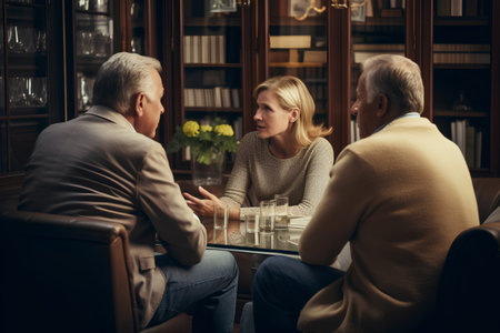 Mature couple and their adult daughter are talking in the cafe.の素材