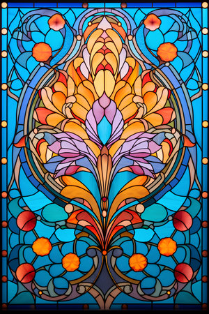 Illustration in stained glass style with abstract floral ornament on a blue backgroundの素材