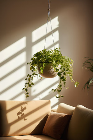 Interior of living room with sofa, pillows and plant hanging on the wallの素材